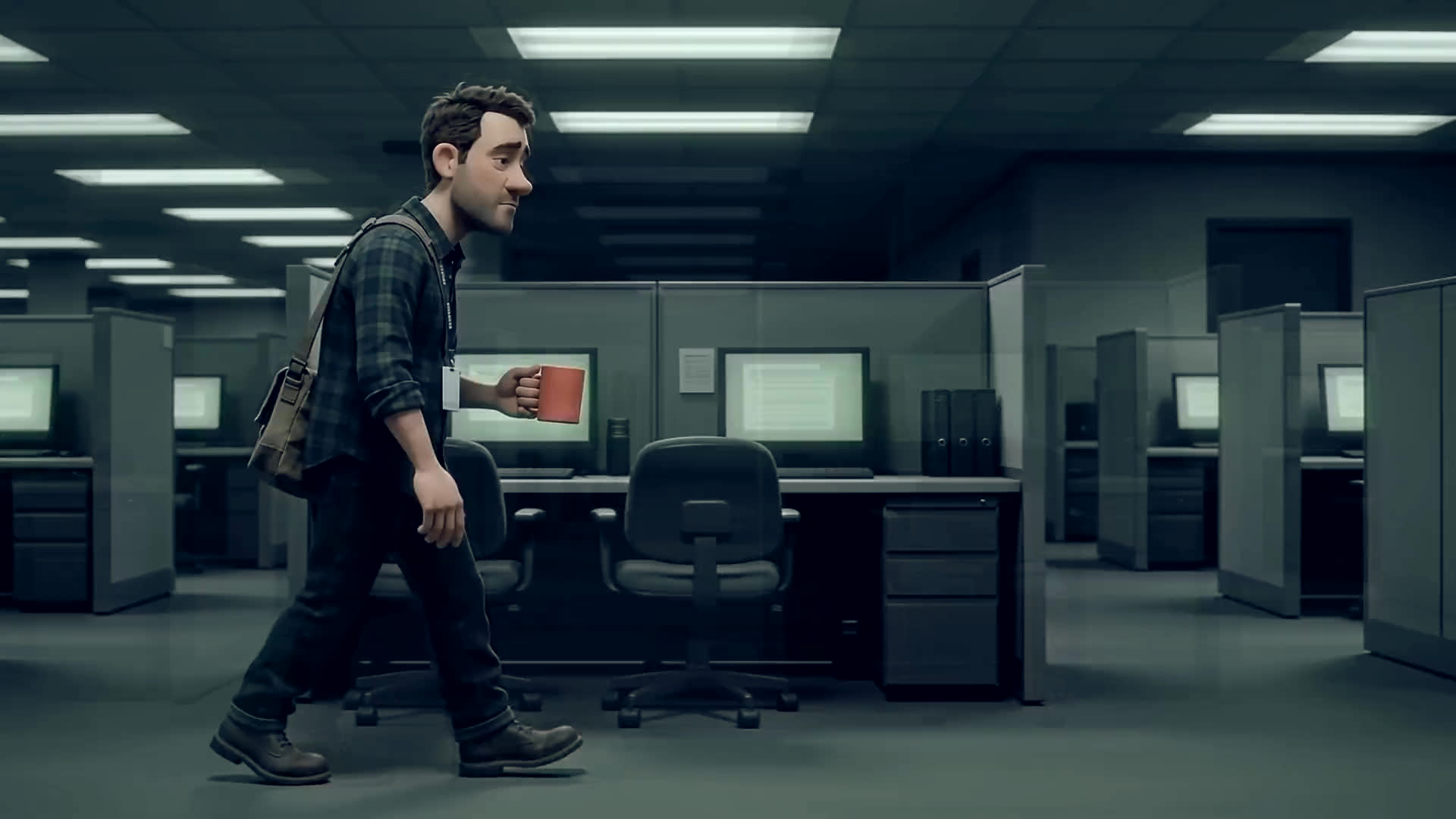 An exhausted IT engineer trudges through an endless cubicle corridor under fluorescent light, carrying a single coral coffee mug.